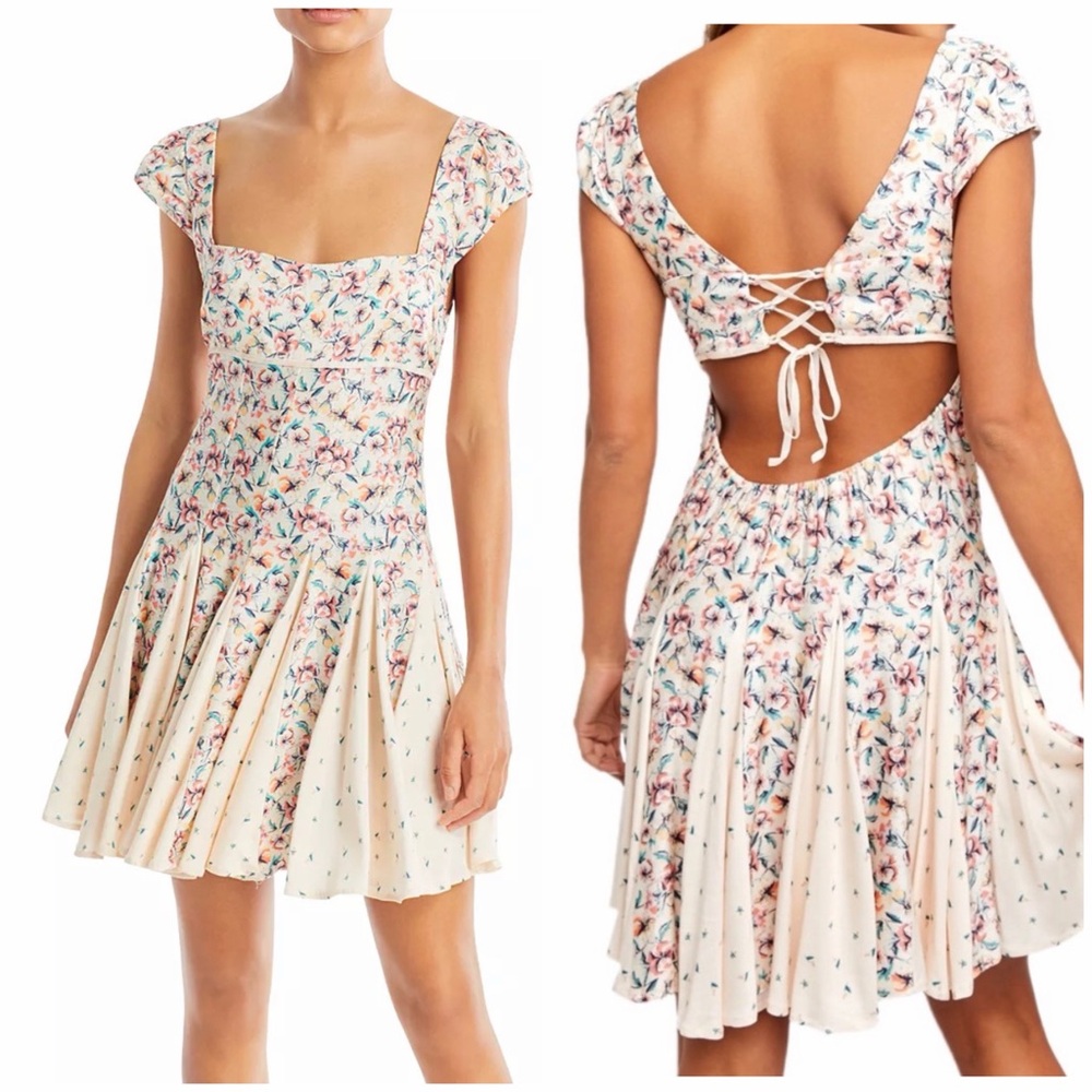 Free People Ponderosa Open Back Mini Dress, peach color, flutter sleeve, size M